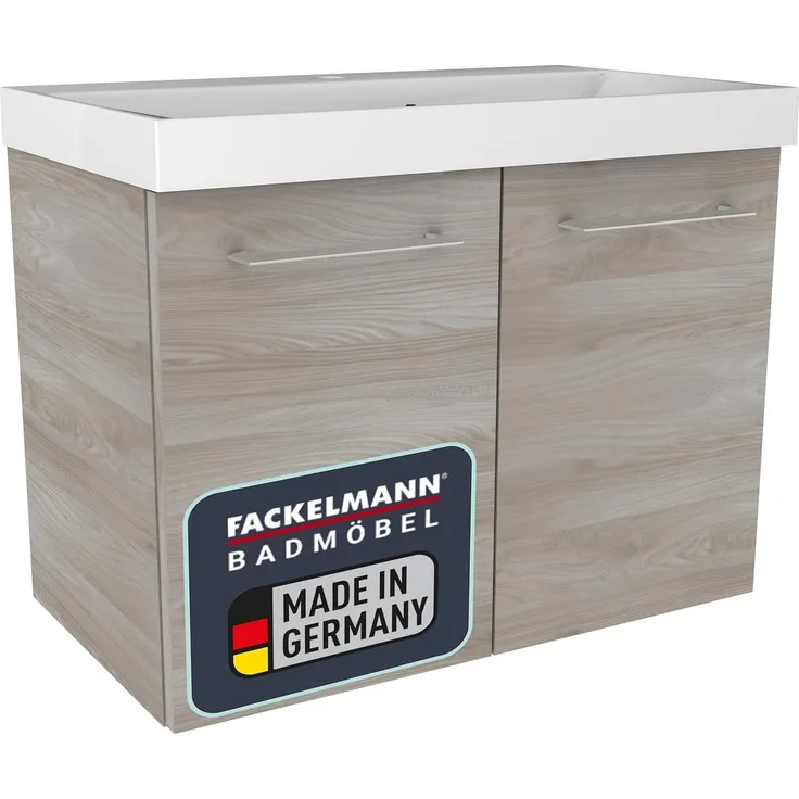 FACKELMANN LIMA Waschbecken mit Unterschrank 60 cm breit, Braun, Waschbecken Gussmarmor Weiß