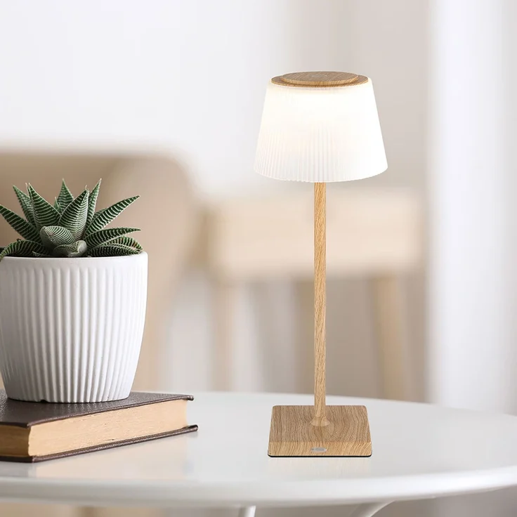 LED Tischleuchte, Touchdimmer, USB Akku, Holzoptik, H 38 cm – Bild 6