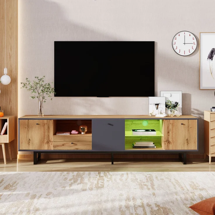 TV-Schrank Holz Grau Anthrazit 190 x 40 x 50 cm, LED-Beleuchtung & Glasböden,mit 3 Türen, 3 offenen Fächern – Bild 7