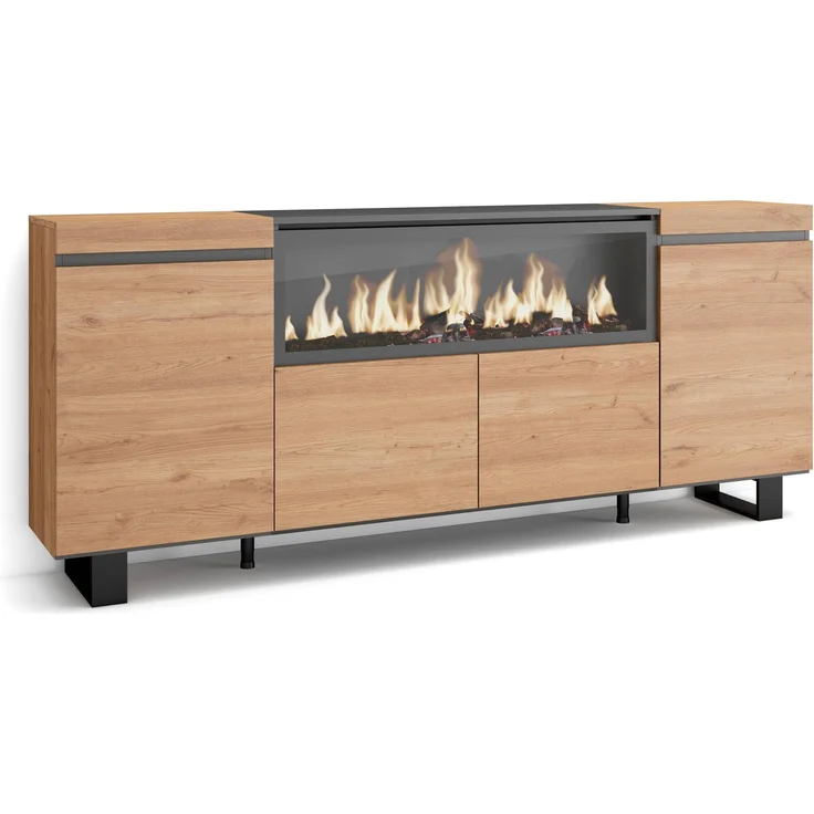 Skraut Home | Sideboard, Highboard | Kommode, Komodenschrank | 210 | 4 Türen | Elektrokamin XXL | Industriedesign | Moderner Stil | Eiche