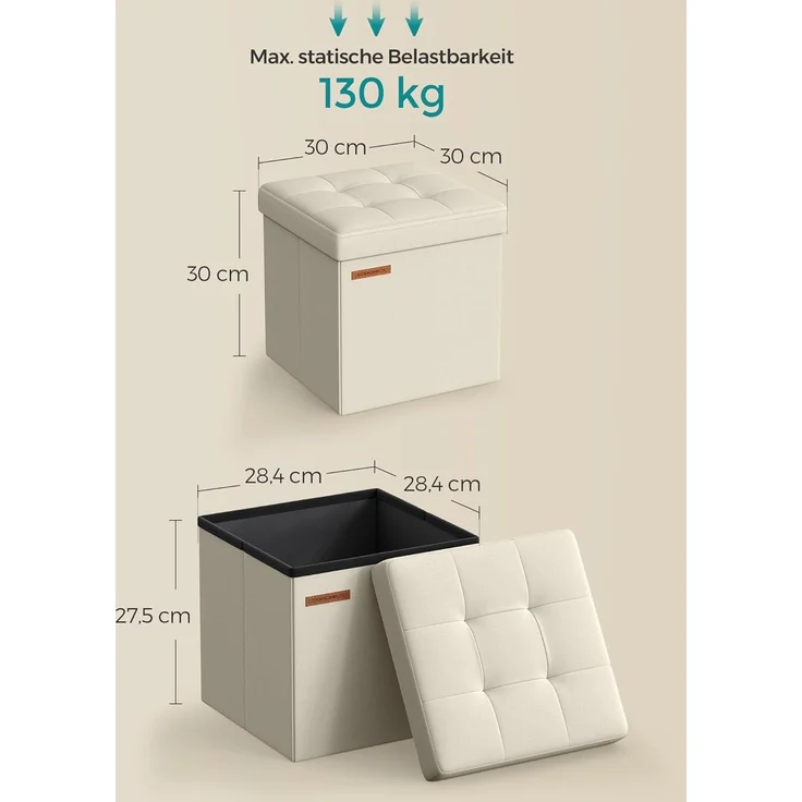 Songmics Sitzhocker mit Stauraum, kleine klappbare Sitzbank, 30x30 cm Fußbank, Aufbewahrungsbox, bis 130 kg belastbar, für Wohnzimmer Schlafzimmer Schlafsaal, cremeweiß LSF028W01 – Bild 3
