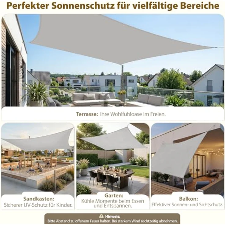 Sekey Sonnensegel Wasserdicht 2x3 m Rechteckig – ohne Mittelnaht, hochdichtes PES 160g/m², mit Edelstahl-Ringen & Lotus-Effekt, reißfest & 95% UV-Schutz, für Balkon Terrasse Garten, Hellgrau – Bild 6