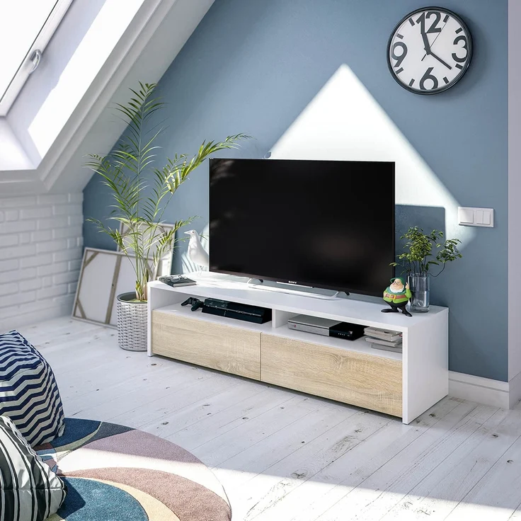 Wohnzimmer-TV-Ständer mit zwei Türen mit Vasistas-Öffnung und zwei kleinen Fächern, weiße Farbe mit eichenfarbenen Türen, Maße 130 x 36 x 40 cm – Bild 9
