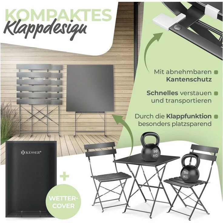 KESSER® Bistroset 3-teilig mit Bistrotisch & 2 Klappbaren Stühlen | Gartenmöbel-Set Outdoor Sitzgruppe | UV & wetterbeständig Gartentisch | Balkonset bestehend aus Klapptisch & 2x Klappstühlen & Cover Schwarz – Bild 2