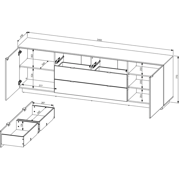 Lowboard >Core< in schwarz supermatt Dekor, MDF, Spannplatte - 240x77x44 (BxHxT) – Bild 5