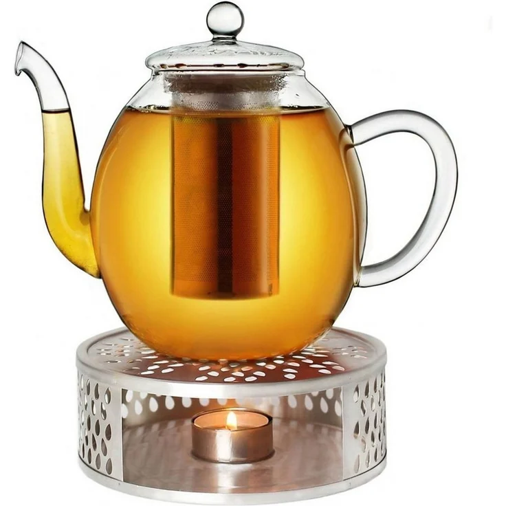 Creano Teekanne Creano Teekanne aus Glas 1,5l + ein Stövchen aus Edelstahl, 3-teilige, (Set, 4-St)