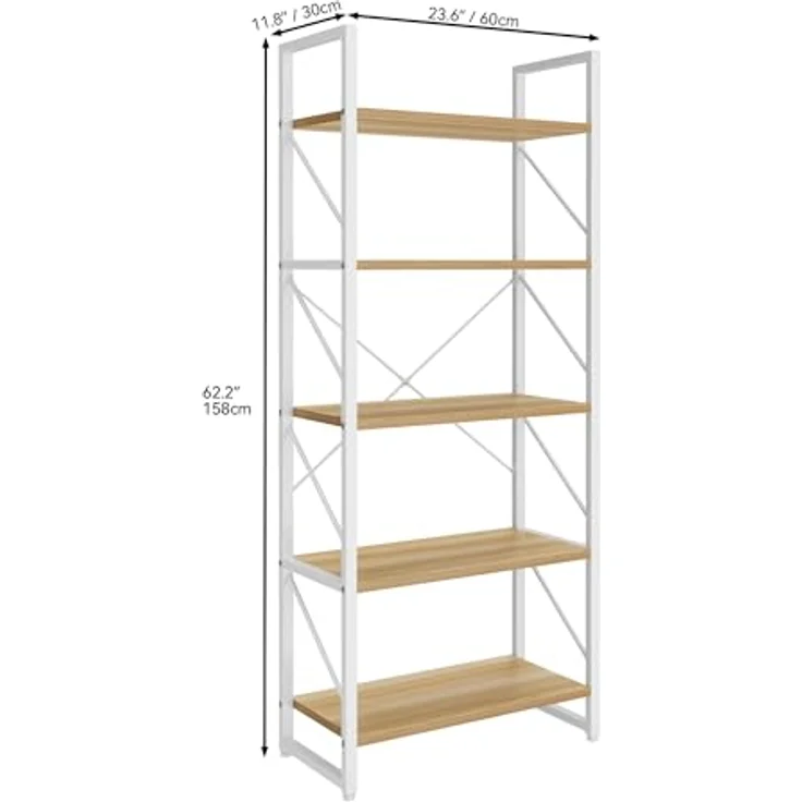 YITAHOME Bücherregal mit 5 Ebenen，Industrielles Standregal Aufbewahrungsregale für Wohnzimmer Bücher Schlafzimmer Büro Küche Zeitschriften, Weiß und Holzfarbe – Bild 3