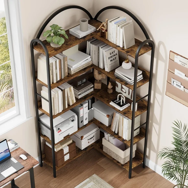 GarveeLife 5-Stufige Eckbibliothek, Bibliothek Aufbewahrun-l-Förmige Eckregal, Stehregal & Aufbewahrungsregal Für Wohnzimmer, Schlafzimmer, Büro & Arbeitszimmer 78p x 78l x 174h-Vintage-Farbe