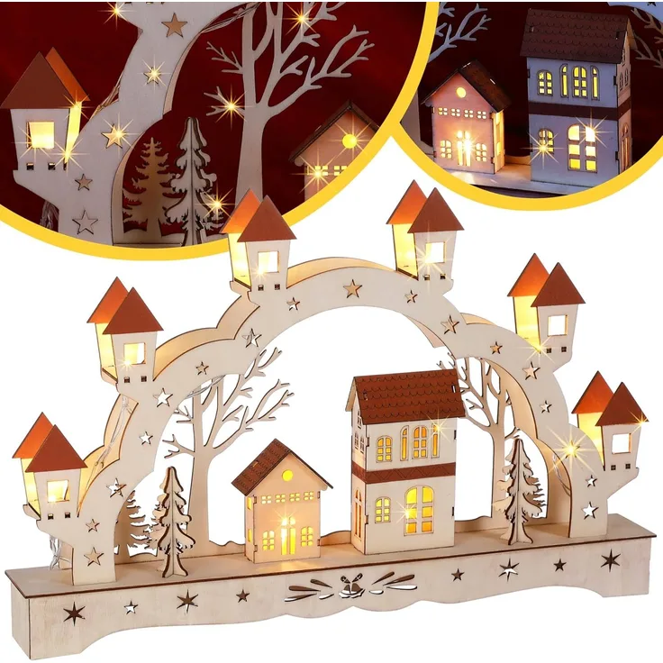 Monzana Schwibbogen Weihnachten Batteriebetrieben Timer Kabellos Holz LED Beleuchtung Deko Lichterbogen Weihnachtsdeko Schwippbogen Erzgebirge