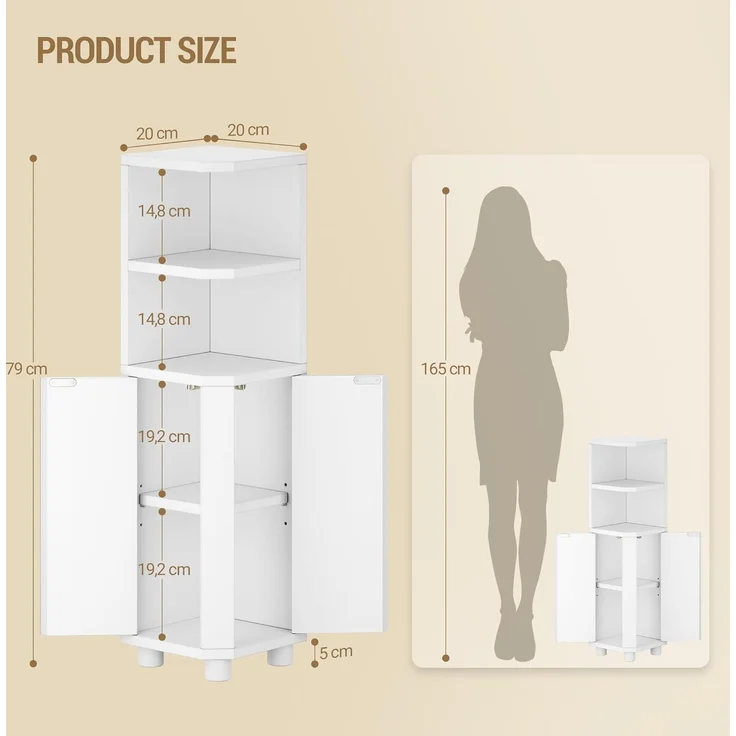 Badezimmerschrank, Eckschrank Badschrank, Toilettenschrank mit verstellbare Ablagen, 2 Seitentüren, schmales Badregal, einfache Montage, 20 x 20 x 79 cm, weiß – Bild 9