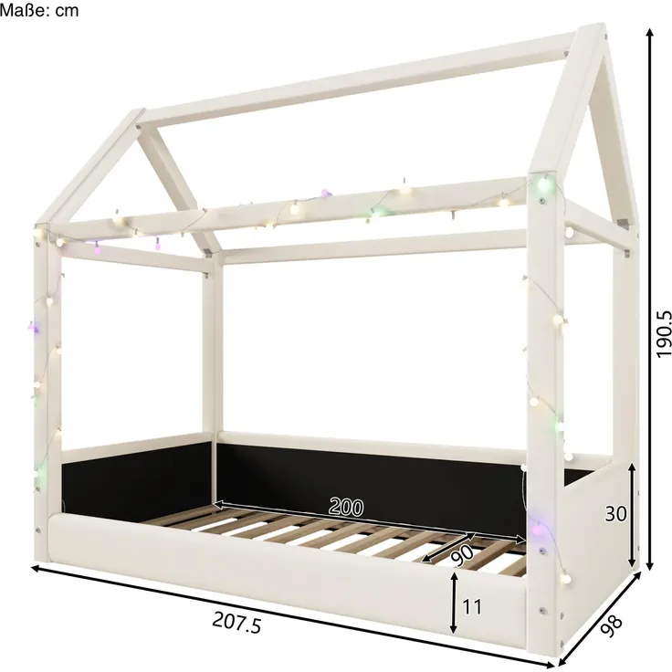 Hausbett mit Lattenrost und RGB LED-Lichterkette, 90x200cm, gepolstertes Kinderbett, Leinenbezug – Bild 5