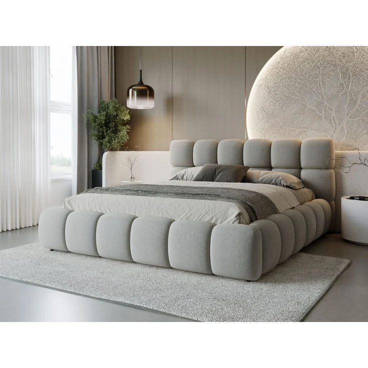 GRAINGOLD Modo Polsterbett 140x200, Doppelbett mit Kopfteil, groß Stauraum, Velour-Stoff, Hellgrau – Bild 1