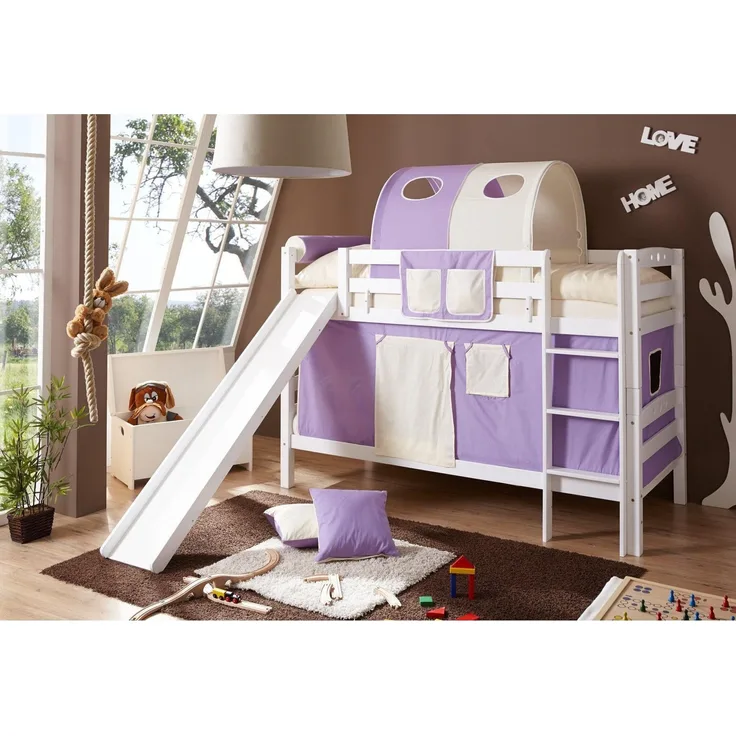 Etagenbett mit Rutsche "Lupo" 90x200 Buche massiv weiß