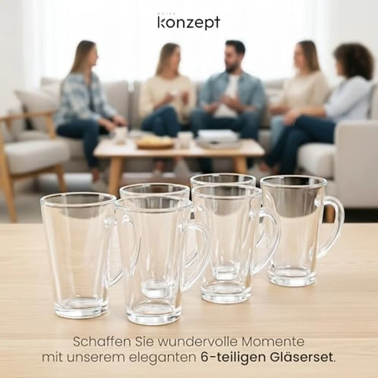 KONZEPT Gläser-Set 6-teilig Latte Macchiato – 300 ml Kaffeetassen, 6-tlg, aus Glas mit Henkel, hitzebeständig & spülmaschinengeeignet – Bild 6