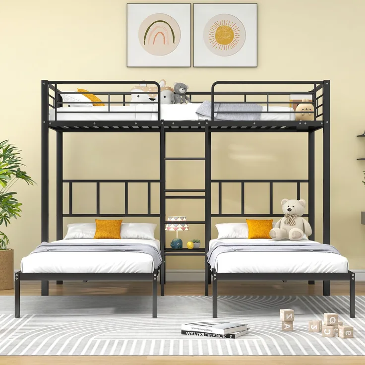 Bett 90x200 cm Dreifach-Etagenbett aus Metall mit Leiter und Fallschutz, ohne Matratze