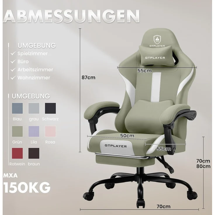 GTPLAYER Gaming Stuhl Bürostuhl Ergonomisch Gaming Sessel mit Kopfstütze und Cloud-Lendenkissen, Gepolstert Gaming Chair mit Fußstütze, Drehsessel,150kg Kapazität, Grün – Bild 3