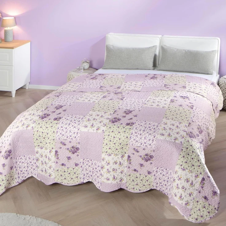 Delindo Lifestyle Tagesdecke Rosen, lila, Patchwork, Bettüberwurf für Doppelbett, 220x240 cm – Bild 1