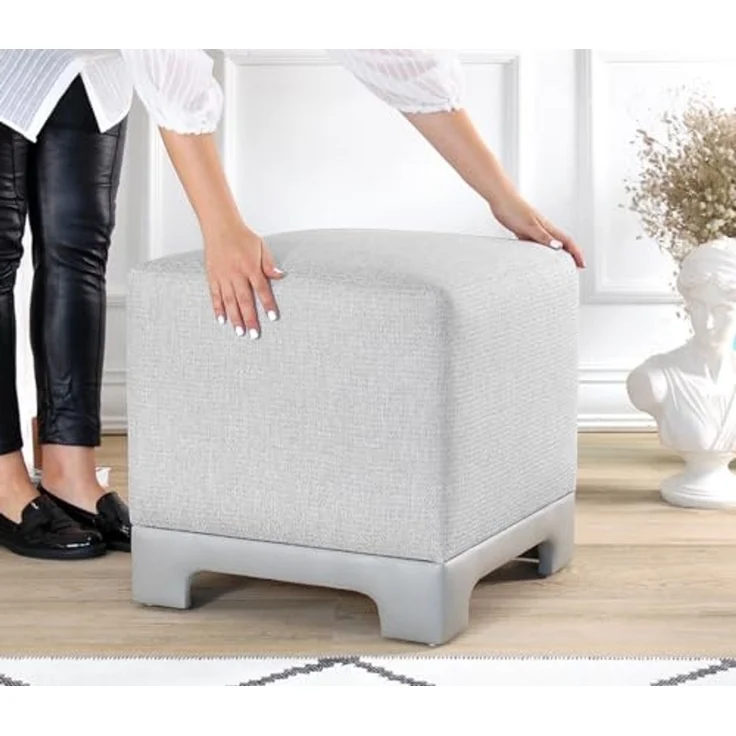 Stylish Grey Pouffe, 50 x 50 x 47 cm | 50% Cotton & 50% Linen, 35 DNS Orthopedic Sponge, 6 cm Thick | Faux Leather Legs, Perfect for Modern Living Spaces – Bild 4