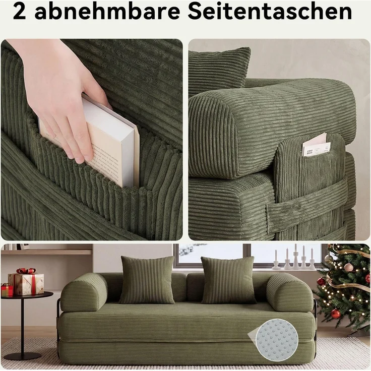 Aoxun Kordstoff Schlafsofa 200×97×70cm, 5-in-1 Umwandelbares Bodensofa, Hochdichter Schaumstoff, Haustierfreundlich, Keine Montage, Grün – Bild 5