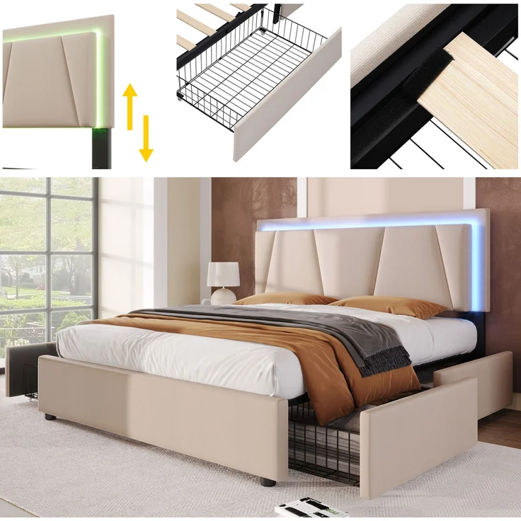 Polsterbett 140×200 cm mit höhenverstellbarem Kopfteil, LED-Beleuchtung, 4 Schubladen, Leinenstoff Beige,inklusive Matratze – Bild 6