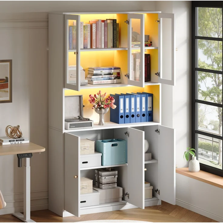 Bücherschrank mit Glasvitrine, LED-Beleuchtung & Kabelführung, 100x35x200 cm, Weiß – Bild 2