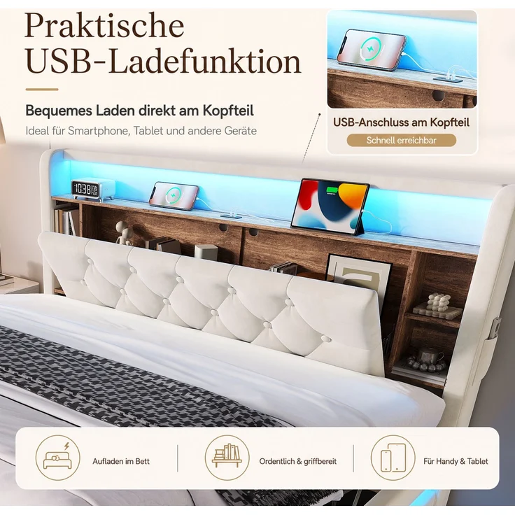 TavilaEcon Boxspringbett Samtbett, Polsterbett mit LED-Beleuchtung & USB-Ladefunktion beige Liegefläche 160 × 200 cm – Bild 5