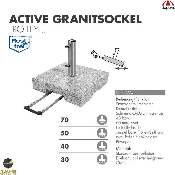 Doppler Trolley-Granit-Schirmsockel mit Rollen, granitgrau,70 kg, für Sonnenschirme bis Ø 350 cm – Bild 3