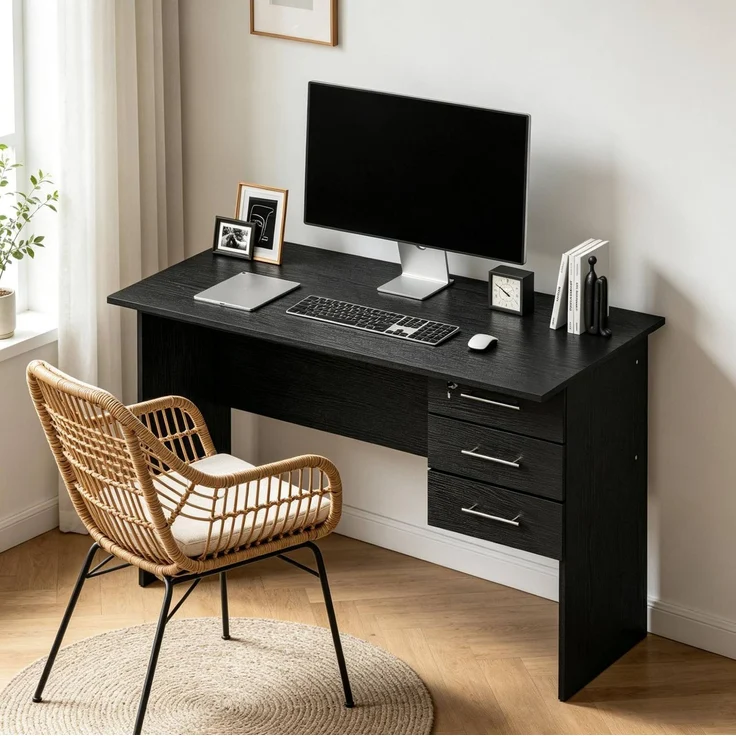 Schreibtisch aus Holz mit 3 Schubladen, 120x60x75 cm, Schwarz – Bild 4