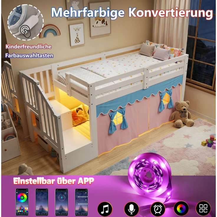 Halbhohes Bett 90x200 cm aus Kiefernholz und MDF mit LED-Lichtleiste, Vorhängen und Leiterschrank – Ohne Matratze – Bild 7