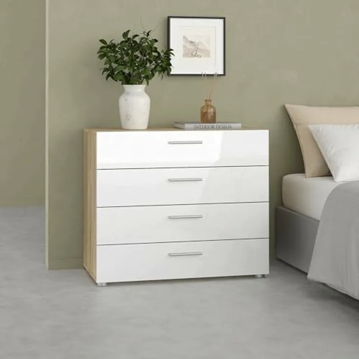 Dmora - Kommode Marinette, Mehrzweckkommode, Schlafzimmerkommode, Schrank mit Schubladen, 80x40 h68 cm, Eicheund Glänzendes Weiß
