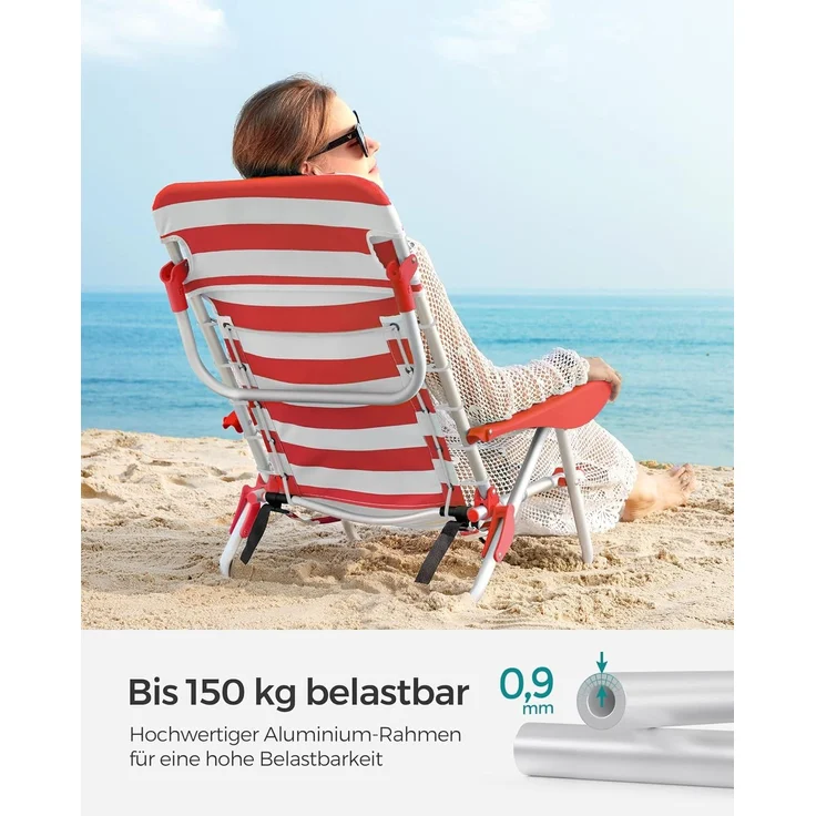 SONGMICS Strandstuhl, faltbar mit Schultergurt, verstellbarer Rückenlehne & Kopfstütze, Rot / Weiß – Bild 7