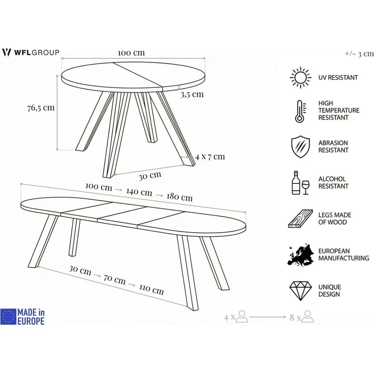 WFL GROUP Esstisch Ravano ausziehbar rund modern mit Holzbeinen in Kaschmir (MADE IN EU, drei Größen – 100 cm, ausziehbar auf 140/180 cm), platzsparender Tisch für kleine Küche, Esszimmer oder Wohnzimmer – Bild 2