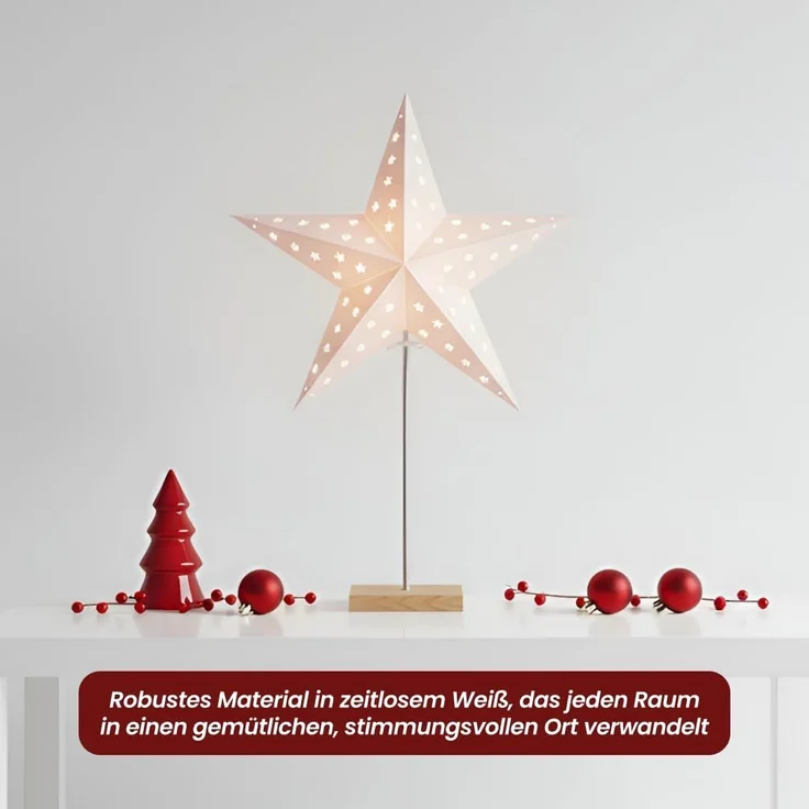 EGLO Tischlampe mit Wechselschirm, 3D Papierstern Weihnachten oder eckiger Lampenschirm in Weiß mit Fuß aus Holz und Metall, Dekostern Tischleuchte mit Kabelschalter, E14, Höhe 65 cm – Bild 10
