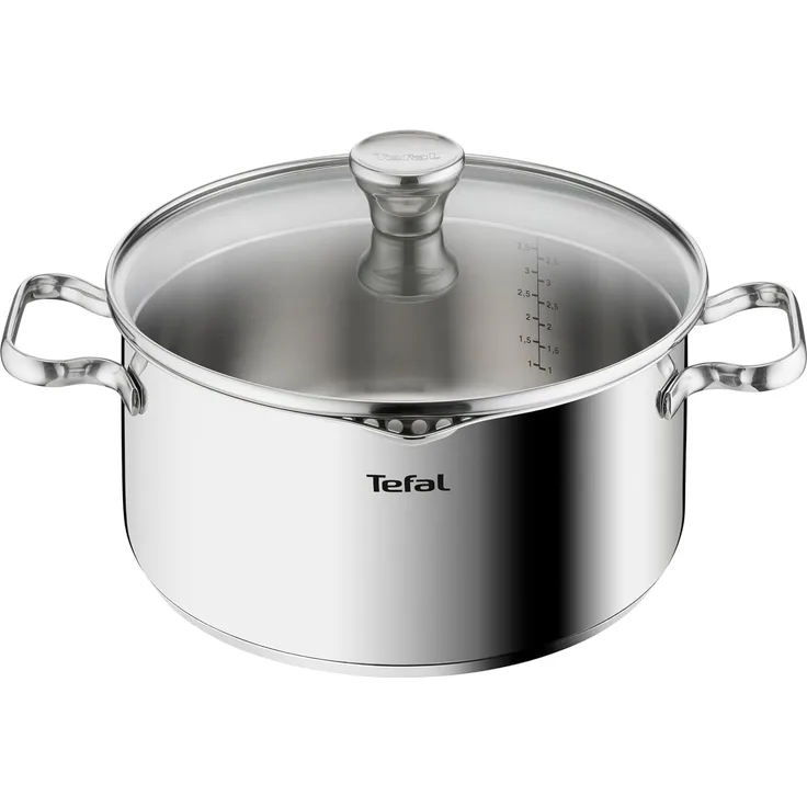 Tefal A70546 Duetto Kochtopf | 24 cm | induktionsgeeignet | einfache Reinigung in der Spülmaschine | Messskala | Glasdeckel zum Abgießen | Edelstahl