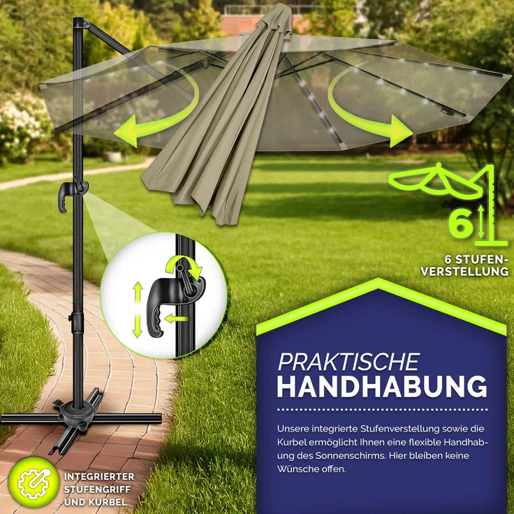 tillvex® Premium Alu Sonnenschirm 330 cm Braun + Abdeckung & Windsicherung | Ampelschirm 6-Fach Verstellbar mit Kurbel | Gartenschirm 360° Drehbar Neigbar Kippbar | Kurbelschirm UV50+ Groß wasserdicht – Bild 3
