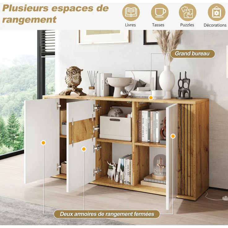 ZUBALIYA Sideboard 140x35x71 cm, mit 3 Türen, aus MDF / Spanplatte, Weiß / Natur – Bild 9