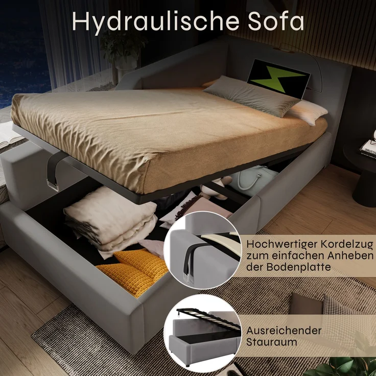 EINHOM Polsterbett Tagesbett Daybett 90 x 200 cm, Schlafsofa mit Hydraulischem Stauraum, Leselichtfunktion und USB-C-Ladefunktion, Kinderbett Jugendbett Bettgestell mit Lattenrost aus Holz, Samt, Grau, (Ohne Matratze) – Bild 3