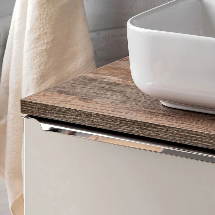 Waschtischunterschrank 80cm mit Regal & Keramikbecken PUEBLA-56-TAUPE in taupe mit Vintage Oak, B/H/T ca.: 80,4/62,5/46 cm – Bild 2