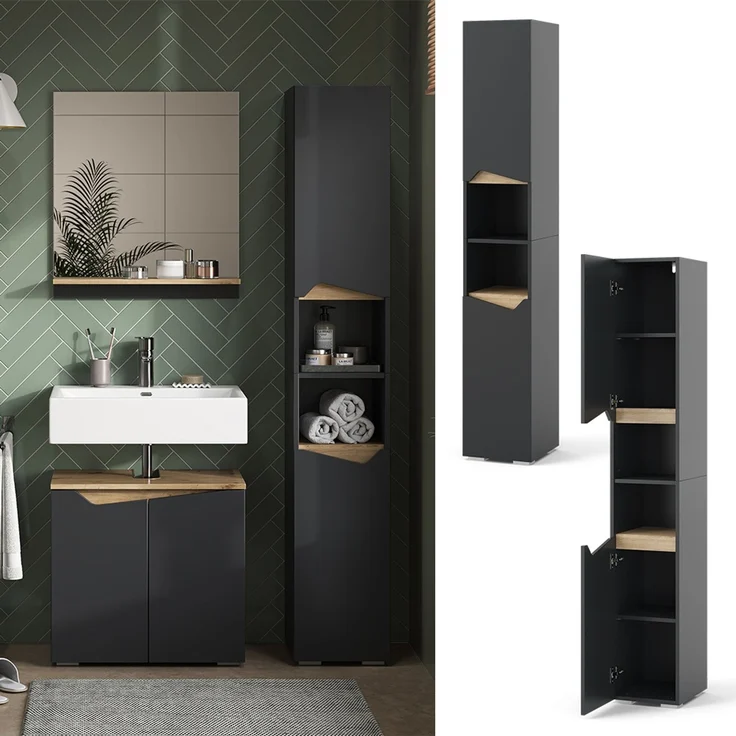 Badschrank Marelle Anthrazit/Artisan 30 x 180 cm mit Türen, und offenen Fächern Vicco – Bild 2