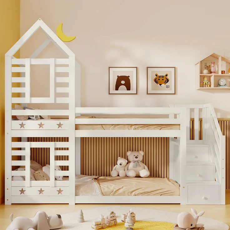 Etagenbett 90x200 cm mit Treppe und Stauraum, Sterne & Monde Design, Hausrahmen, Kiefer-Massivholz, Weiß, Kinderbett – Bild 2