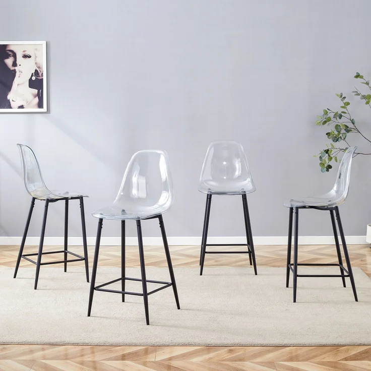 Transparente Barhocker Set, 4er Pack, mit Metallgestell in Silber/Gold/Schwarz, Moderne Design-Stühle für Küche, Bar oder Esszimmer (Nur Stühle, ohne Tisch)--Schwarz--51x45x102cm--YOUDENOVA – Bild 3