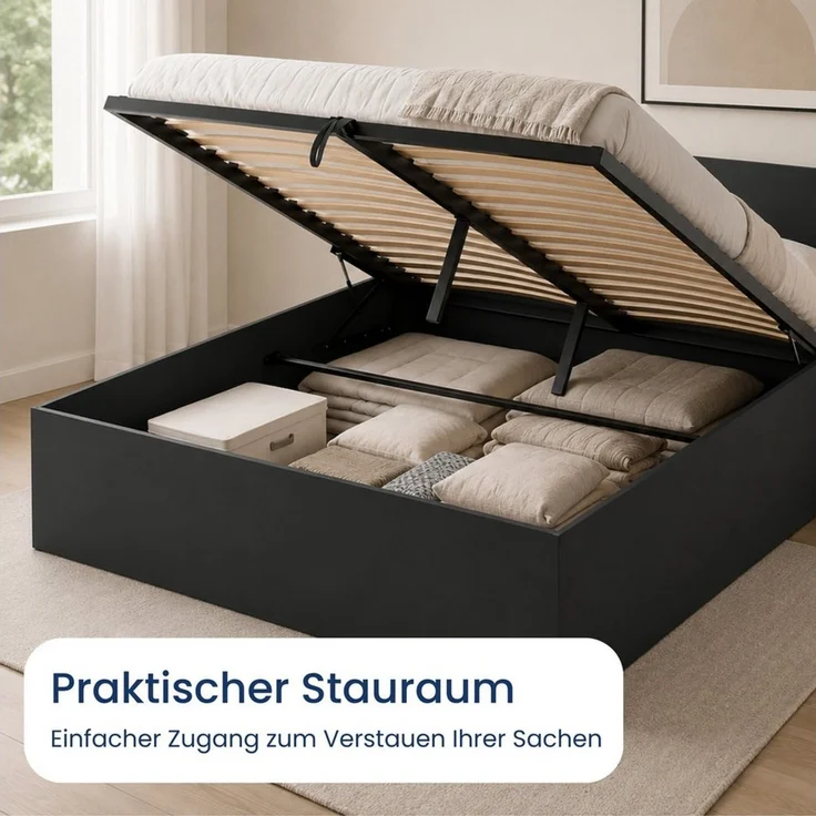 Home Collective Bett Doppelbett Bettgestell mit Lattenrost und Stauraum Stauraumbett (Größen: 90x200, 120x200, 140x200, 160x200, 180x200 cm), inkl. flexiblem Lattenrost und Bettkasten 160x200 cm Schwarz – Bild 4