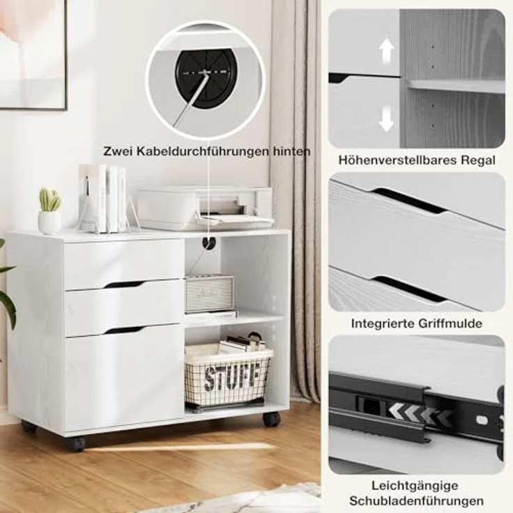 Sweetcrispy Rollcontainer mit 3 Schubladen,Aktenschrank und Druckerschrank mit Rollen,offene Ablage,höhenverstellbarer Einlegeboden,Hängeregistratur A4/Letter/Legal,80 x 40 x 62 cm,Weiß,für Büro Zuhause – Bild 6
