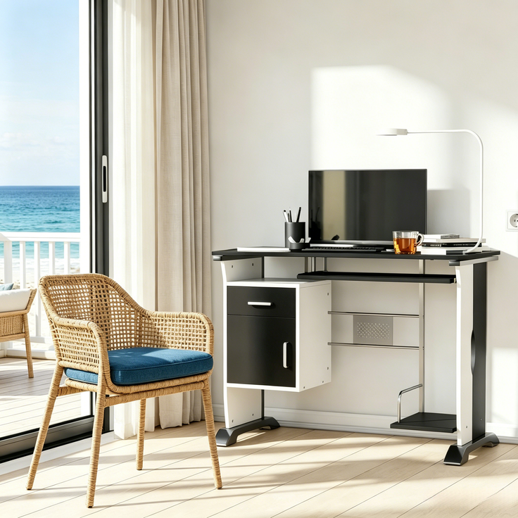 Computerschreibtisch mit Stauraum und Ausziehablage, 100x52x75 cm, Schwarz/Weiß/Silber – Bild 2