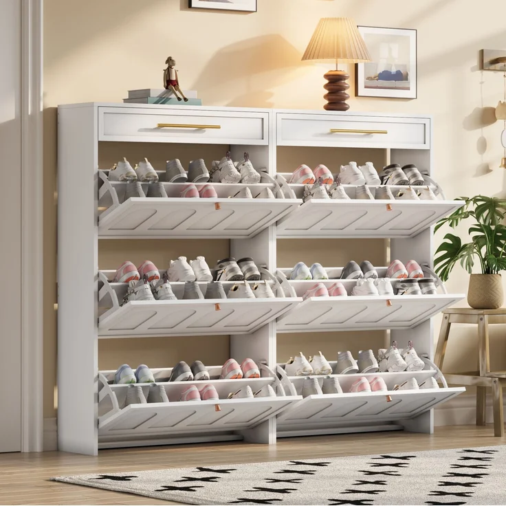 DESVIAE Schuhschrank mit 12 verstellbaren offenen Regalböden und 2 Schubladen 140x123,5x25 cm MDF Weiß – Bild 3