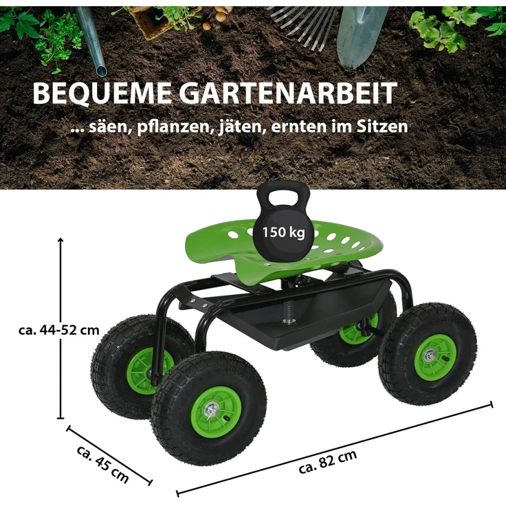 Gartenscooter mit Ablage Stahl 150 kg Sitzhöhe 44-52 cm Sitz 360° drehbar Lufträder in Schwarz-grün – Bild 3