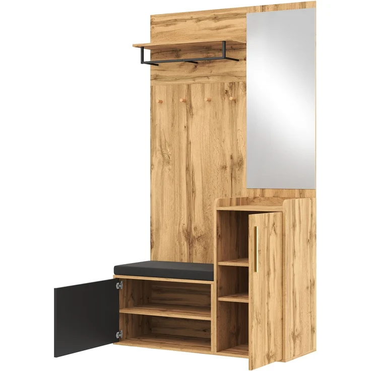 Kompaktgarderobe mit Spiegel, Sitzbank & Schuhschrank, 100x38x185 cm, Natur/Schwarz – Bild 9