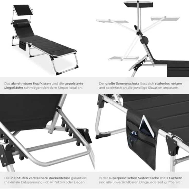 tectake® Sonnenliege mit Dach, Liege klappbar mit Kopfkissen + Seitentasche, zusammenklappbar, leicht tragbar, Strandliege, Liegestuhl klappbar für Garten, Sonnenliege Camping - schwarz – Bild 6