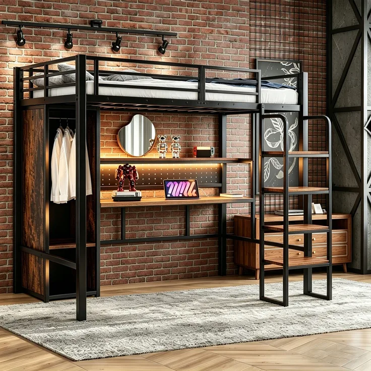 EINHOM Metall-Hochbett, 90 x 200 cm. Vertikale Treppe, mit Großem Schreibtisch mit Stecktafel, Mehrfarbiger LED-Lichtleiste, Einstöckigem Regal, Einzelkleiderschrank, Einzelbett, Schwarz (Ohne Matratze)