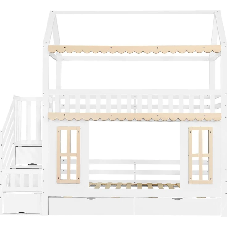 ZUBALIYA Etagenbett, Kinderbett, Hausform, Seitlicher Stauraumschrank mit Leiter, 2 Schubladen, Dekorative Holzfenster und Zierleisten, Kiefer+MDF, Weiß+Natur, 90x200 cm, Natur / Weiß – Bild 16